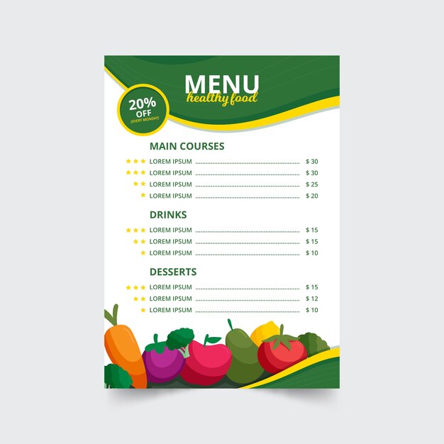 Creativo menú de restaurante de comida saludable con frutas y verduras ilustradas