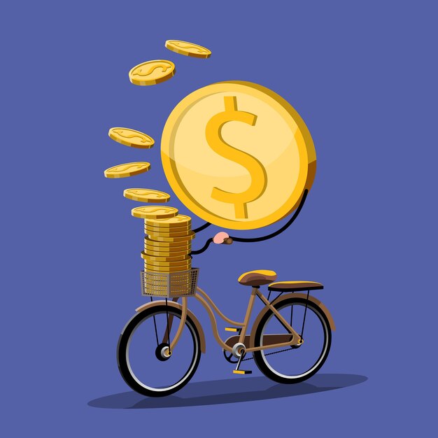 El crecimiento empresarial conduce al concepto de éxito. Moneda andar en bicicleta y llevar monedas pequeñas en la cesta. Diseño de ilustración vectorial plana