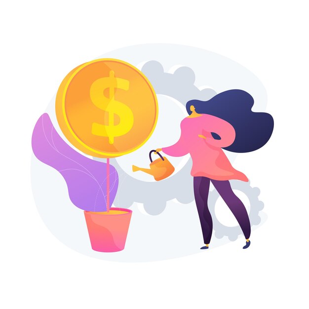 Crecimiento de ganancias, recaudación de fondos. Empresaria regando el árbol del dinero. Aumento de ingresos, ingresos crecientes, elemento de diseño creativo de idea de alfabetización económica.