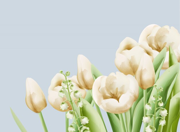 Crema de ranúnculo y flores de campana con hojas verdes y tallo