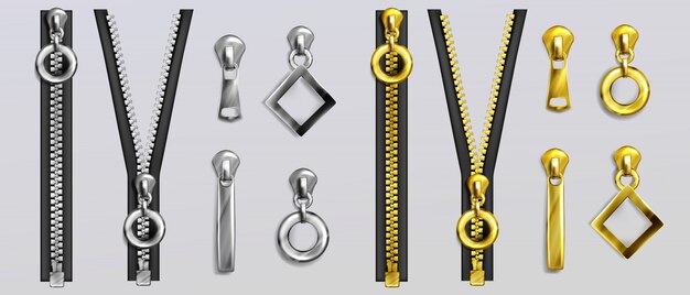 Cremalleras de plata y oro con tiradores de diferentes formas aisladas sobre fondo gris. conjunto realista de cierres metálicos abiertos y cerrados con cremalleras y deslizadores para ropa y accesorios