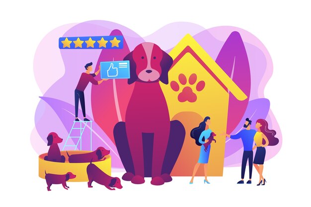 Cría de perros, compra de cachorros en la tienda de mascotas. Animal domestico. Pareja adoptando cachorro. Club de razas, estándar de raza superior, compre aquí su mascota de raza pura. Ilustración aislada violeta vibrante brillante