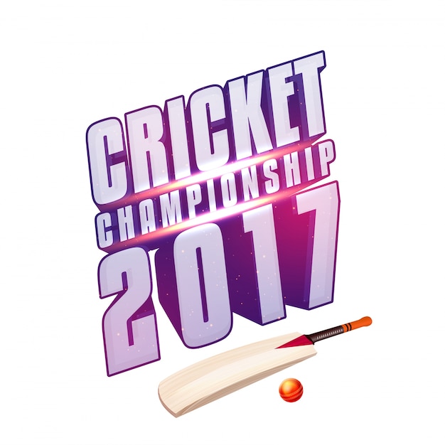 Cricket Championship 2017 diseño de texto con murciélago y bola roja sobre fondo blanco, se puede utilizar como cartel, banner o volante para el concepto de deportes.