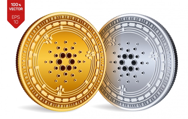 Criptomoneda monedas de oro y plata con el símbolo de Cardano aislado sobre fondo blanco.