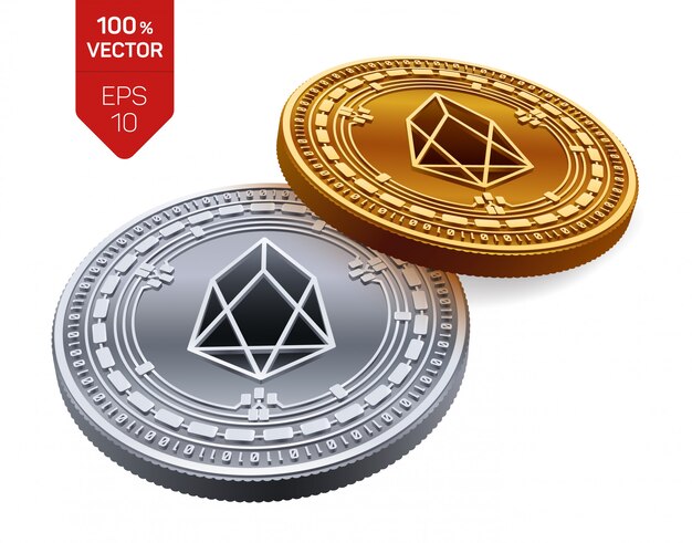 Criptomoneda monedas de oro y plata con el símbolo EOS aislado sobre fondo blanco.