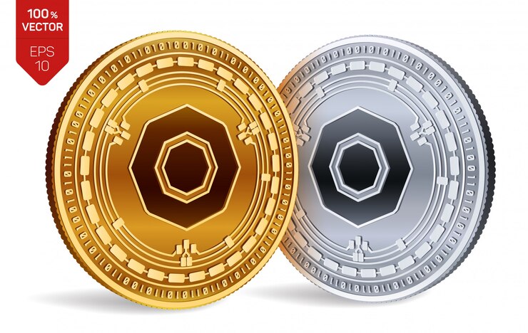 Vector gratuito criptomoneda monedas de oro y plata con el símbolo de komodo aislado sobre fondo blanco.