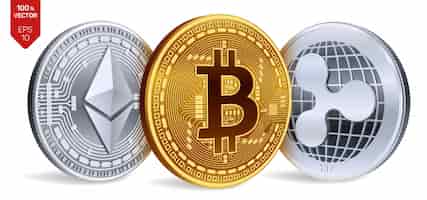 Vector gratuito criptomoneda monedas de plata y oro con bitcoin, ripple y ethereum símbolo sobre fondo blanco.