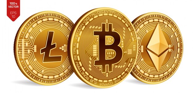 Criptomonedas monedas de oro con bitcoin, litecoin y ethereum símbolo sobre fondo blanco.