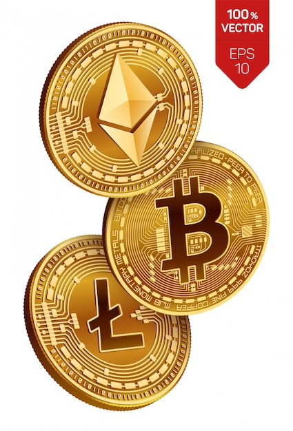 Criptomonedas monedas de oro con bitcoin, litecoin y ethereum símbolo sobre fondo blanco.