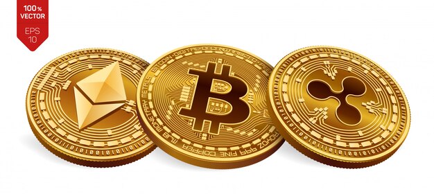 Criptomonedas monedas de oro con bitcoin, ondulación y ethereum símbolo sobre fondo blanco.