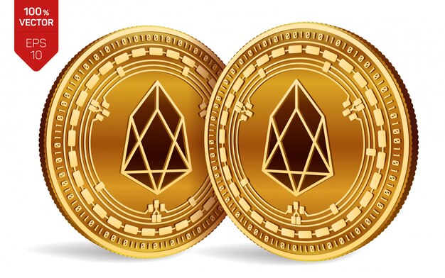 Criptomonedas monedas de oro con el símbolo EOS aislado sobre fondo blanco.