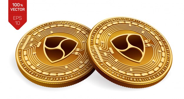 Criptomonedas monedas de oro con el símbolo de nem aislado sobre fondo blanco.