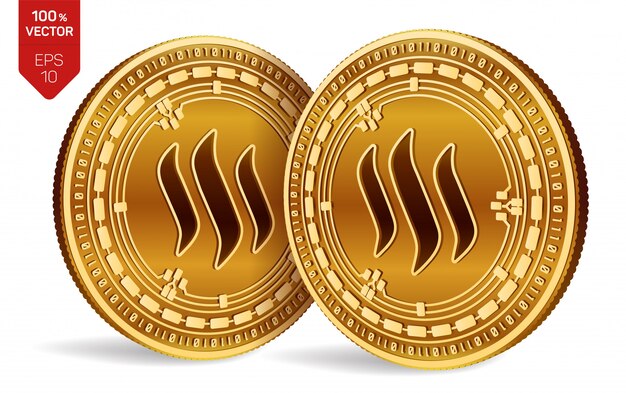 Criptomonedas monedas de oro con el símbolo de Steem aislado sobre fondo blanco.