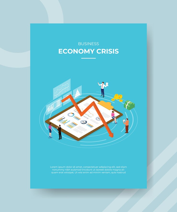Vector gratuito crisis de economía empresarial gente de pie alrededor del portapapeles gráfico flecha abajo dinero