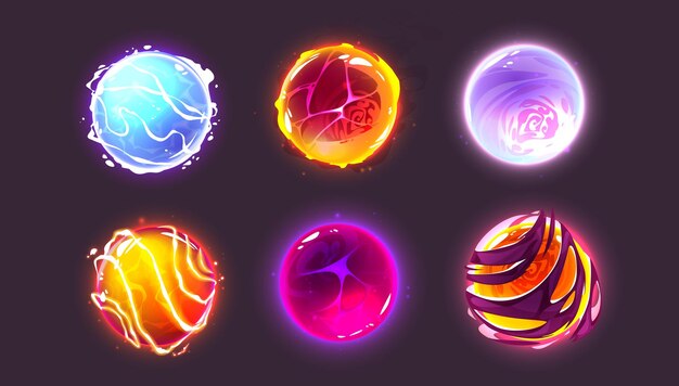 Cristal bola mágica energía fortuna esfera vector Misterio luz resplandor vidrio mago cajero conjunto de iconos Mago poder oráculo redondo en azul rosa y púrpura Aislado brujería oculta espiritual ui objeto