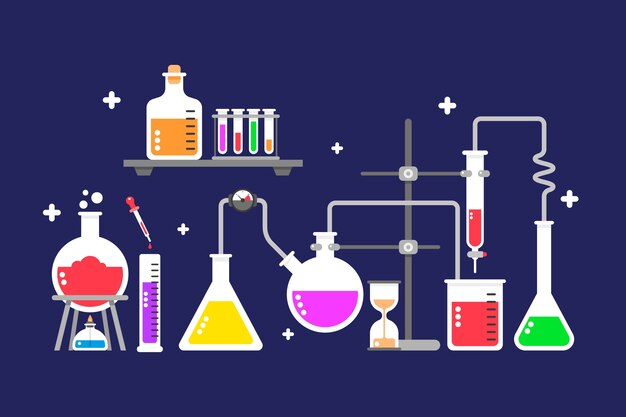 Cristalería de laboratorio de ciencias plano sobre fondo azul.