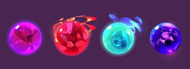 Cristales de adivinación de brujería aislados en el fondo Ilustración de dibujos animados vectoriales de bolas de energía mágica que brillan con hielo azul textura de fuego rojo brillante humo púrpura color turquesa planetas alienígenas