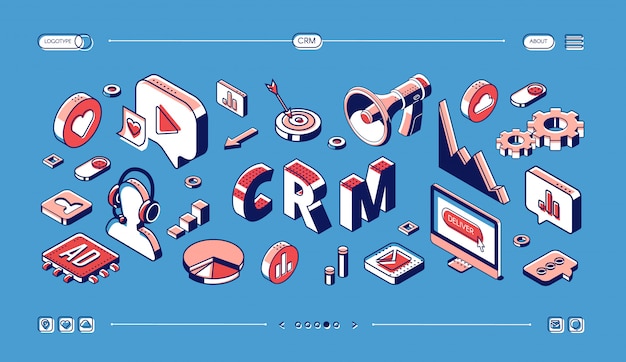 CRM, gestión de la relación con el cliente web banner isométrico.