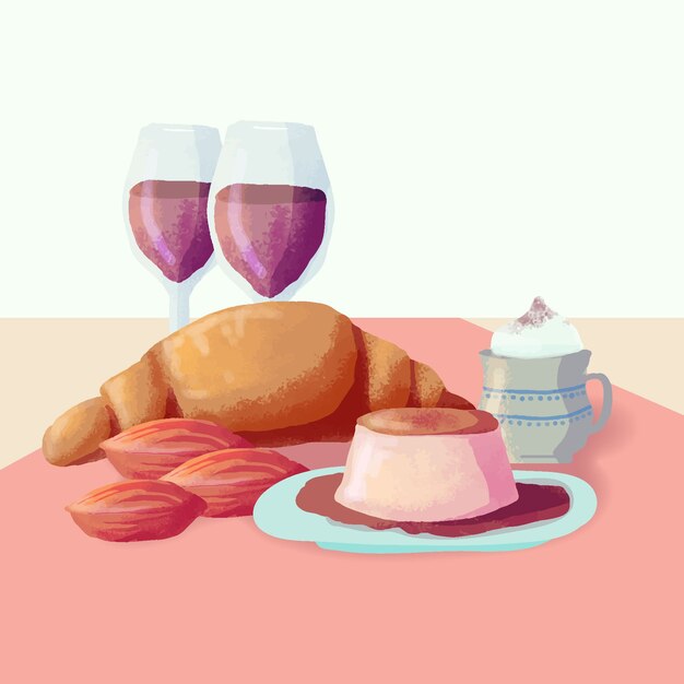 Croissants de comida casera y vino