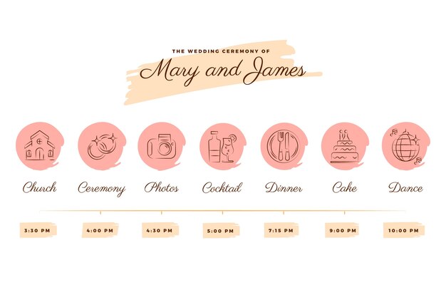 Cronología de la boda en tonos rosados de estilo lineal