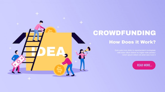 Crowdfunding dinero recaudando lo esencial banner de sitio web plano horizontal con cuadro de ideas y lea más ilustración de botón