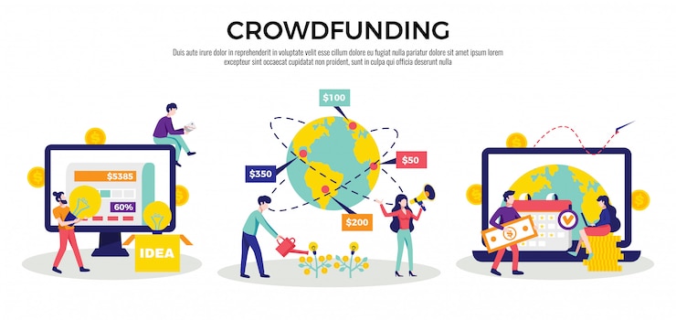 Vector gratuito crowdfunding, recaudación de dinero, plataformas internacionales de internet para ideas de caridad de inicio de negocios.