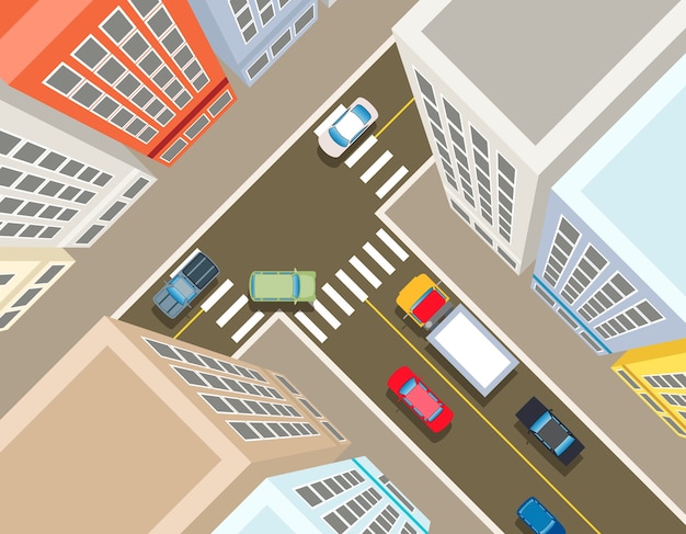 Vector gratuito cruce de caminos en la ciudad, vista superior. coche de transporte, urbano y asfalto, tráfico y construcción de ilustración.