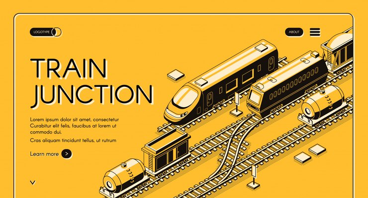 Vector gratuito cruce de tren, banner web isométrico de nodo de transporte con trenes de pasajeros y de carga