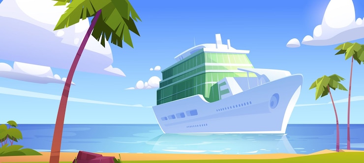 Vector gratuito crucero en el océano moderno barco blanco velero de lujo amarrado en el puerto marítimo de la isla tropical