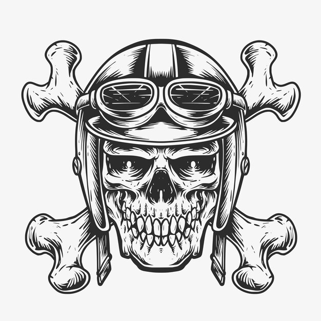 Cruzando la ilustración del logotipo del motorista del cráneo del hueso