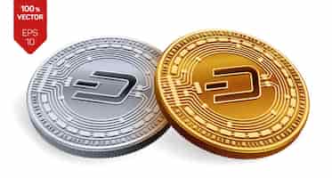 Vector gratuito cryptocurrency monedas de oro y plata con el símbolo dash aislado sobre fondo blanco.