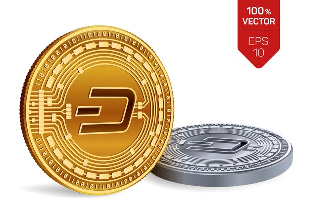 Cryptocurrency monedas de oro y plata con el símbolo Dash aislado sobre fondo blanco.