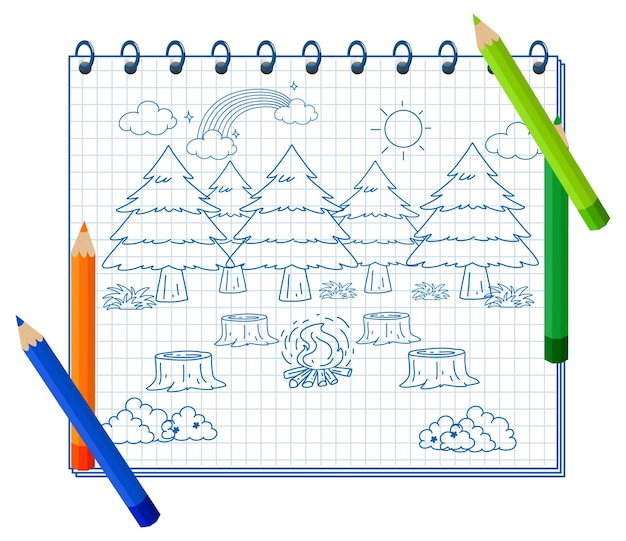 Vector gratuito un cuaderno con un dibujo de garabatos y lápices de colores.