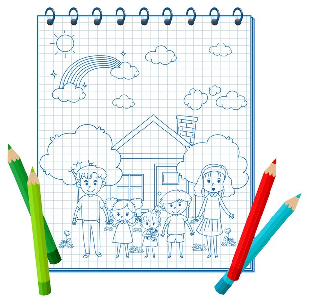 Un cuaderno con un dibujo de garabatos y lápices de colores.
