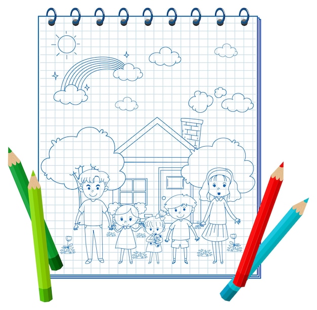 Un cuaderno con un dibujo de garabatos y lápices de colores.