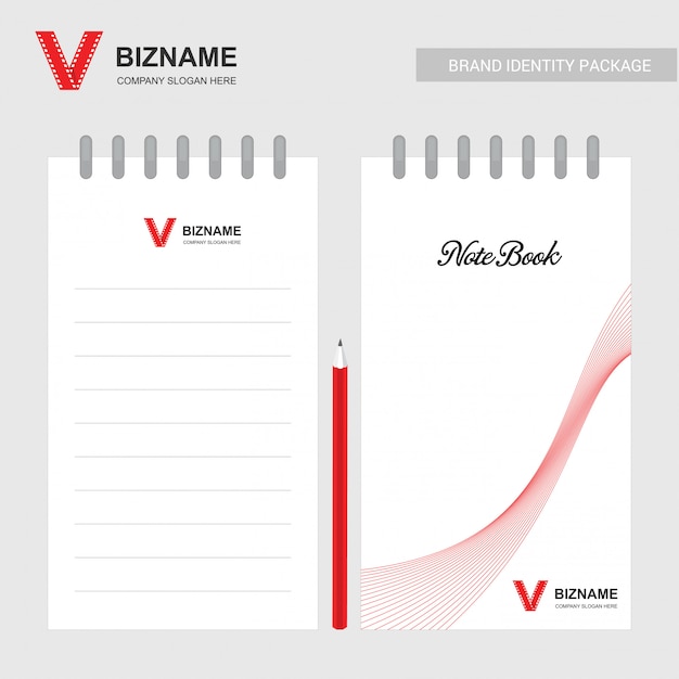 Cuaderno de diseño de empresa con tema rojo con logotipo de video