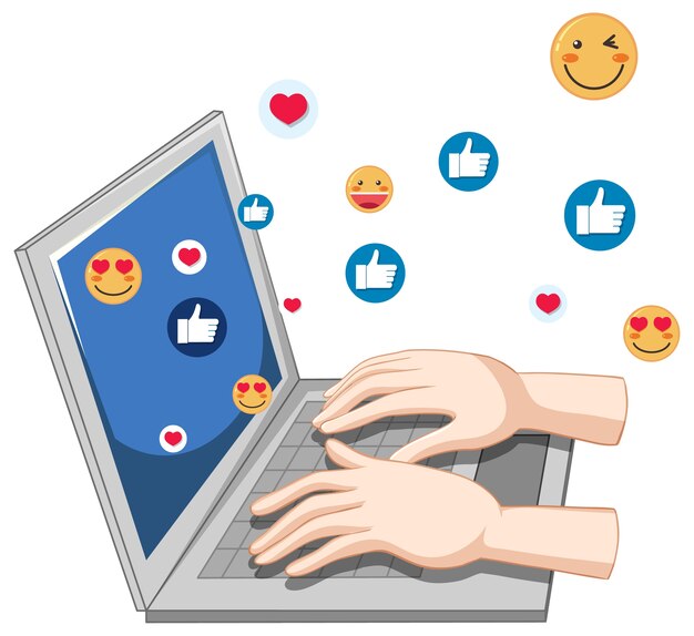 Cuaderno con tema de icono de redes sociales y manos aisladas sobre fondo blanco