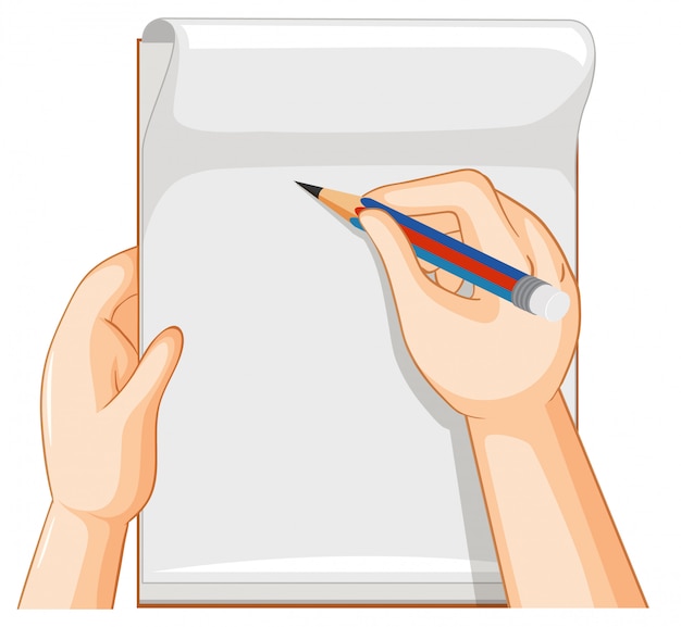 Cuaderno vacío y mano con lápiz sobre fondo blanco.