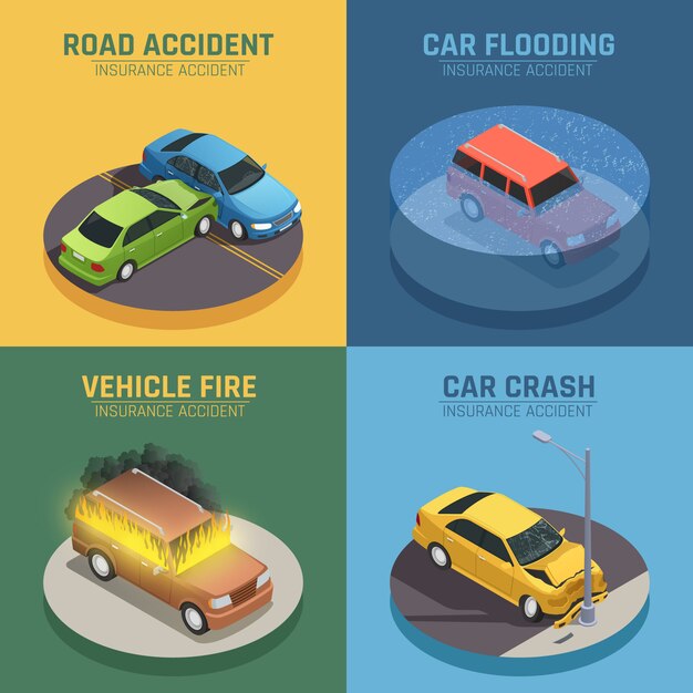 Cuadrado de los iconos isométricos del concepto 4 del seguro de auto para el daño del accidente de carretera y el daño del fuego del coche aislados