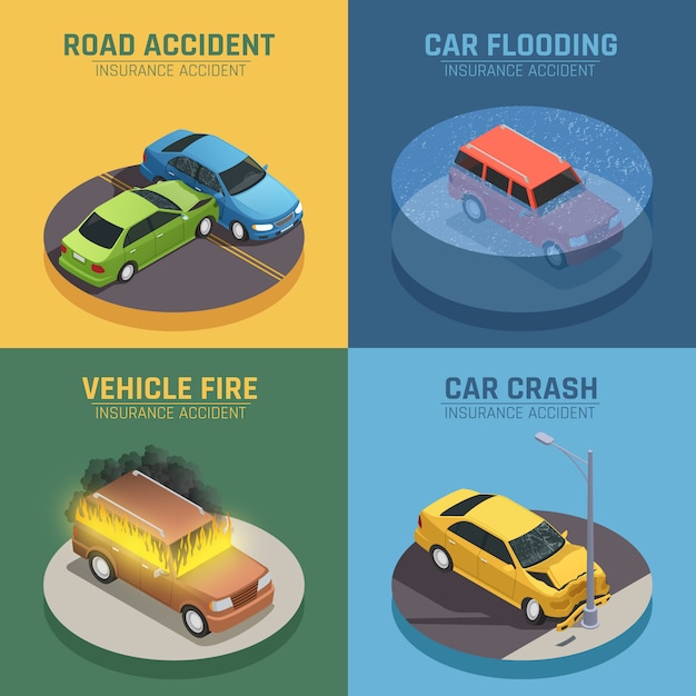 Cuadrado de los iconos isométricos del concepto 4 del seguro de auto para el daño del accidente de carretera y el daño del fuego del coche aislados