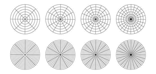 cuadrícula polar dividida en plantilla de grados radiales aislada conjunto de cuadrícula circular de coordenadas polares gráfico de pastel en blanco