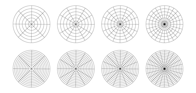 cuadrícula polar dividida en plantilla de grados radiales aislada conjunto de cuadrícula circular de coordenadas polares gráfico de pastel en blanco