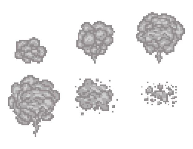 Cuadros de animación de humo de pixel art para el juego. Humo de juego de píxeles, humo de píxeles de nube, ilustración de humo de píxeles de animación de video