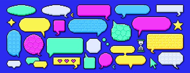 Cuadros de diálogo de píxeles burbujas de habla marcos de mensajes flash e íconos pixelados de juegos retro