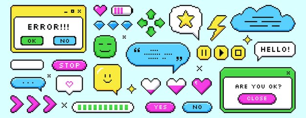 Cuadros de diálogo de píxeles, burbujas de voz, botones, marcos de mensajes e iconos de juegos retro