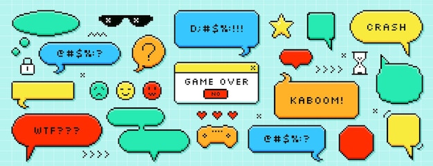 Cuadros de diálogo de píxeles, burbujas de voz, botones, marcos de mensajes e iconos de juegos retro
