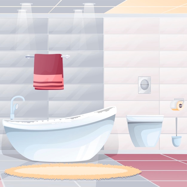 Vector gratuito cuarto de baño en el fondo de diseño interior de la casa habitación moderna con bañera de inodoro llena de agua y espuma con grifo y alfombra de toalla de botón de papel de ducha en el piso