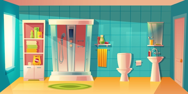 Vector gratuito cuarto de baño interior con cabina de ducha automática, lavabo.