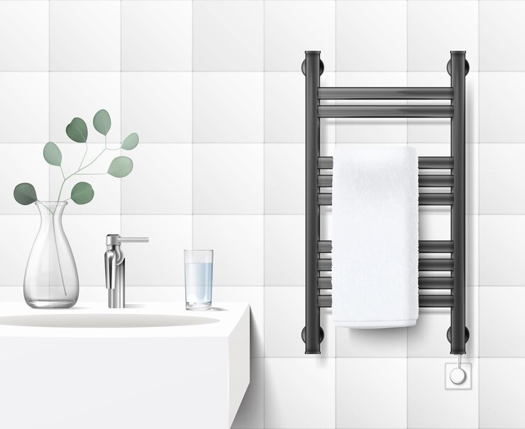 Vector gratuito cuarto de baño interior realista con moderno riel eléctrico negro calentado con toalla blanca al lado de la ilustración del vector del fregadero