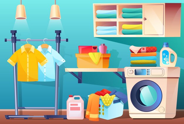Cuarto de lavado con ropa limpia o sucia y equipo y baño de muebles con canasta de lavadora de cosas con estante de ropa sucia manchada para toallas y detergentes ilustración de dibujos animados